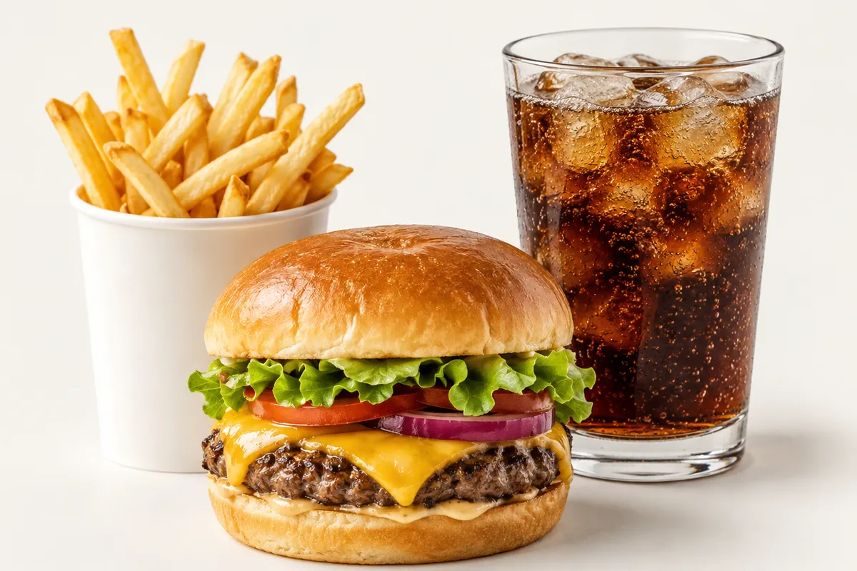 Burger mit Pommes und einem Getränk