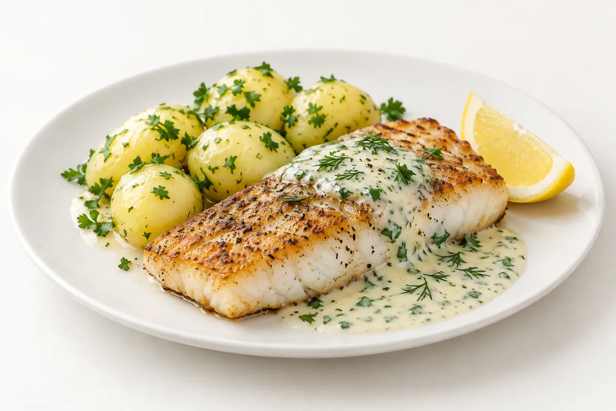 Ein Fischgericht mit Gemüse und Beilage